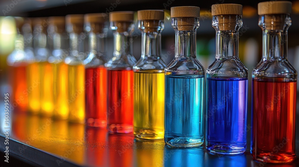 Colorful glass bottles filled with vibrant liquids on a shelf in a well-lit room during daytime Colorful glass bottles filled with vibrant liquids on a shelf in a well-lit room during daytime