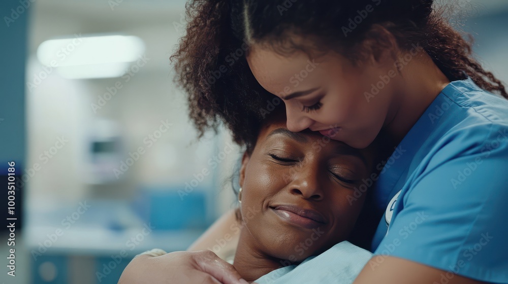 A female nurse in scrubs comforts a patient by placing her hand on their shoulder and leaning in to kiss their forehead. A female nurse in scrubs comforts a patient by placing her hand on their shoulder and leaning in to kiss their forehead.