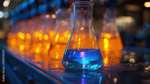 Colorful laboratory setup featuring beakers with blue and orange liquids during an evening experiment in a science lab