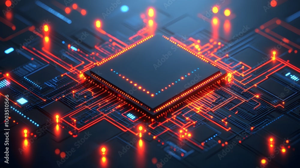 Fototapeta premium Futuristic Circuit Board with Glowing Red Lines and Processor