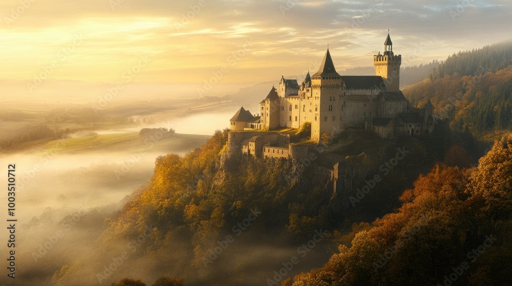 Historic European castle perched on a hill overlooking the surrounding landscape, with a misty valley below.