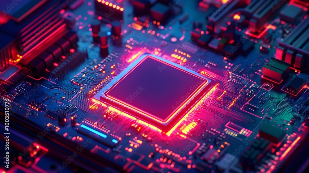 Glowing CPU Chip on Motherboard Closeup Glowing CPU Chip on Motherboard Closeup