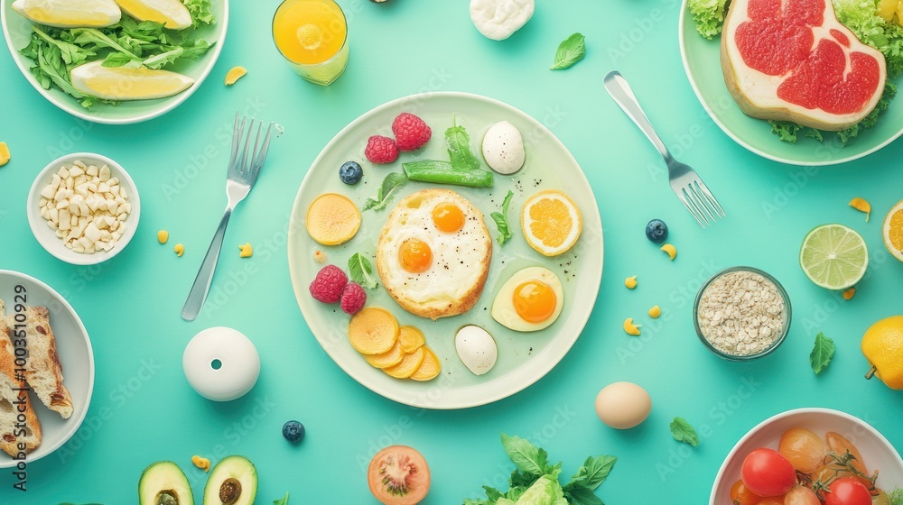 A vibrant breakfast spread featuring eggs, fruits, and greens on a teal background. A vibrant breakfast spread featuring eggs, fruits, and greens on a teal background.