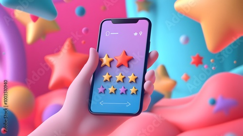 Abstract 3d Hands holding phone with review rating. Reviews stars with good and bad rate and text. 