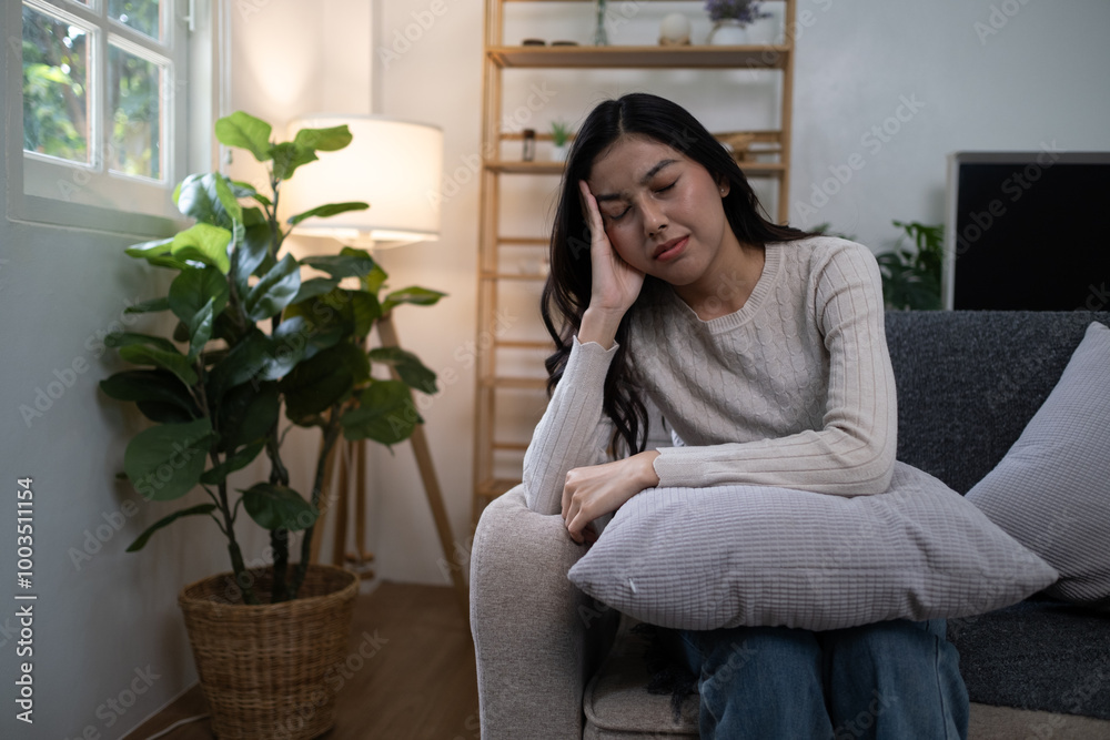 Female sick headache pain suffer from sick disease, nose tissue sick unwell un healthy. Female sick headache pain suffer from sick disease, nose tissue sick unwell un healthy.