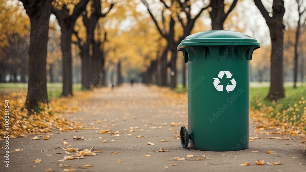 Garbage container, autumn park background Garbage container, autumn park background
