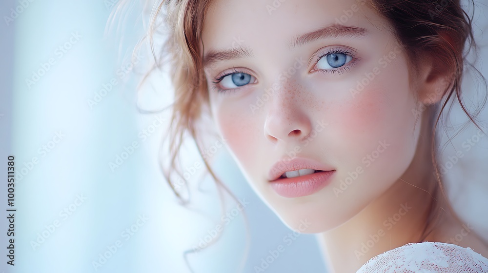 Closeup Portrait of a Young Woman with Blue Eyes and Freckles Closeup Portrait of a Young Woman with Blue Eyes and Freckles