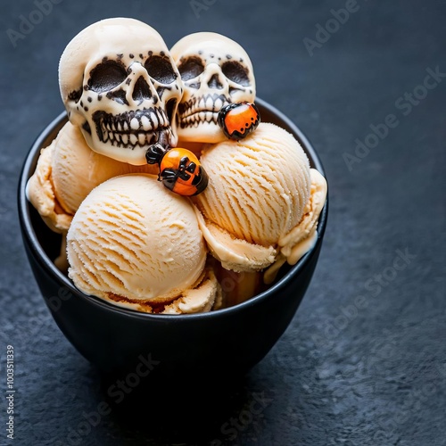 Pumpkinflavored ice cream scoops topped with candy skulls, served in a gothic bowl, Halloween sweets, spooky dessert photo