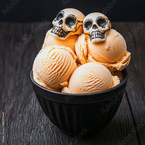 Pumpkinflavored ice cream scoops topped with candy skulls, served in a gothic bowl, Halloween sweets, spooky dessert photo