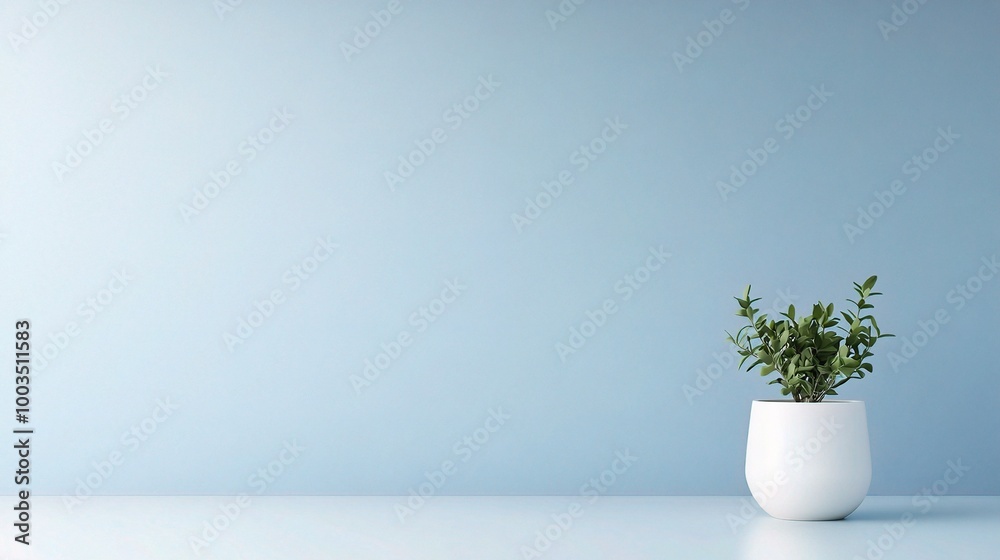 Minimalistic Plant in a White Pot on Blue Background Minimalistic Plant in a White Pot on Blue Background
