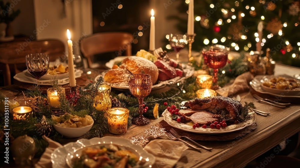 A festive table setting with a roasted duck, bread, and candles for a Christmas or holiday dinner. A festive table setting with a roasted duck, bread, and candles for a Christmas or holiday dinner.