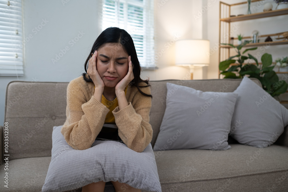 Female sick headache pain suffer from sick disease, nose tissue sick unwell un healthy. Female sick headache pain suffer from sick disease, nose tissue sick unwell un healthy.
