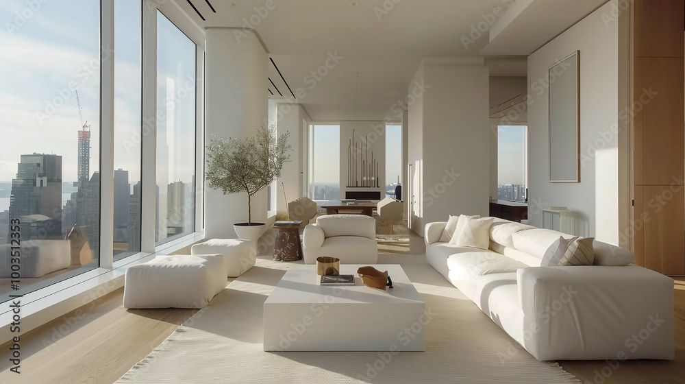 Fototapeta premium Spacious living room with minimalist white furniture, accented by a geometric coffee table and floor-to-ceiling windows, allowing natural light to flood the space. home interior design concept 