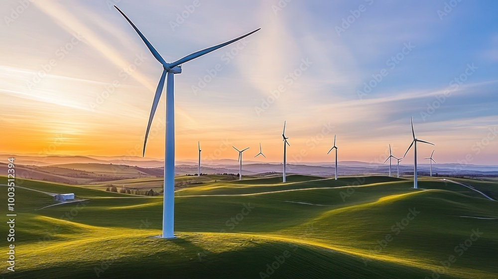 A field of wind turbines stand tall in a grassy field at sunset, creating a stunning visual of renewable energy. A field of wind turbines stand tall in a grassy field at sunset, creating a stunning visual of renewable energy.