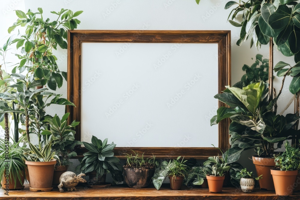 A wooden framed empty picture hanging on a white wall with houseplants on a wooden shelf.