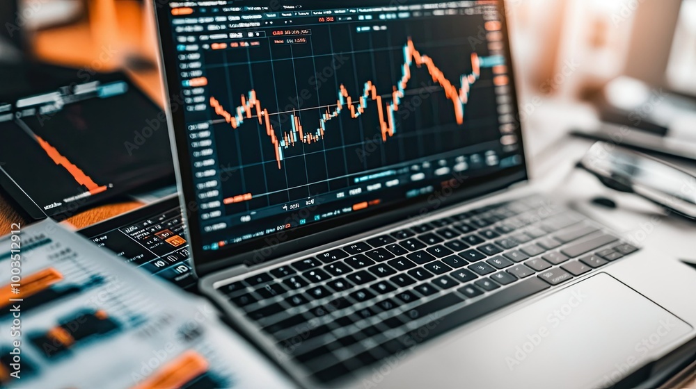Laptop showing a stock market graph with increasing trends, surrounded by financial reports and notes. Laptop showing a stock market graph with increasing trends, surrounded by financial reports and notes.
