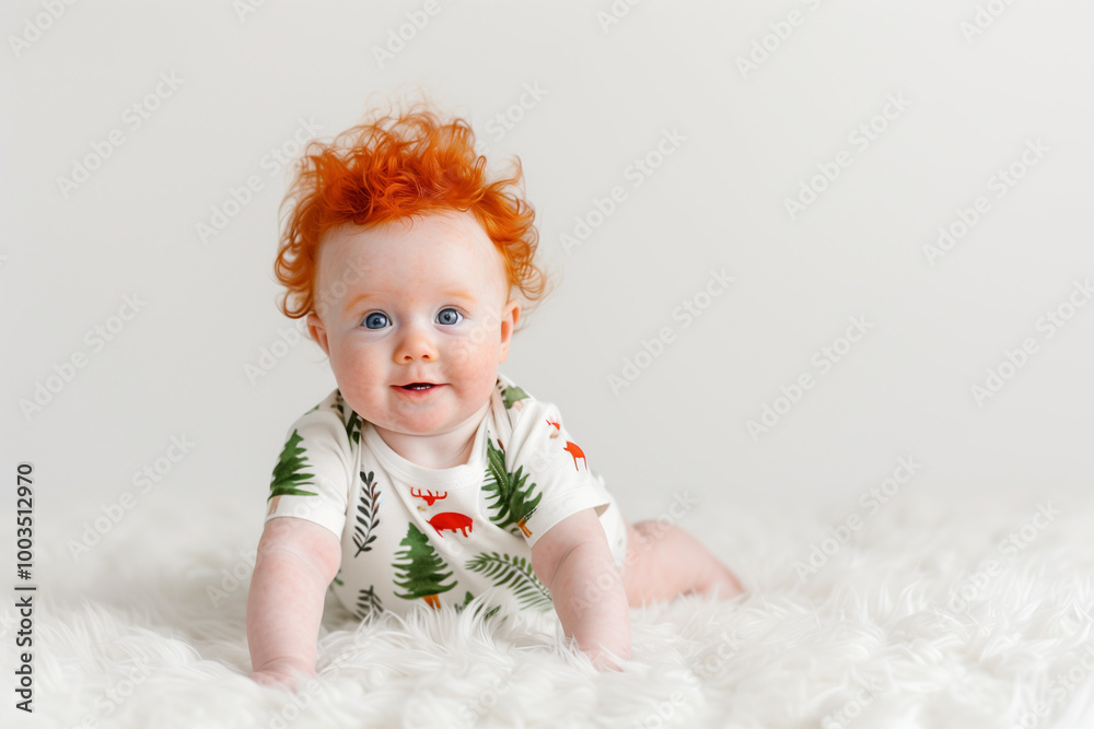 red haired baby crawls and smiles in soft, natural light, showcasing early development and innocence. Dressed in cute clothes with playful expressions, child cover magazine, red haired baby crawls and smiles in soft, natural light, showcasing early development and innocence. Dressed in cute clothes with playful expressions, child cover magazine,