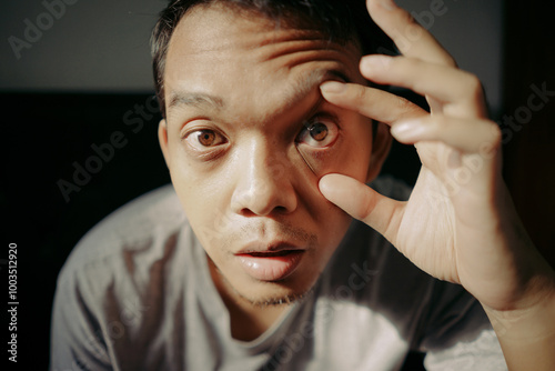 Young man opening his eyes using fingers