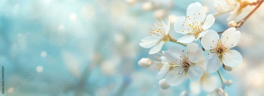 Delicate white blossoms with yellow centers against a soft blue background, creating a beautiful spring scene.