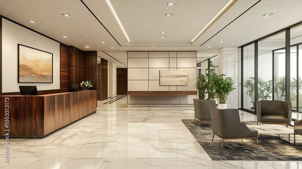 Large office lobby with marble floors, modern dcor, and a reception desk, showcasing a professional environment. Large office lobby with marble floors, modern dcor, and a reception desk, showcasing a professional environment.