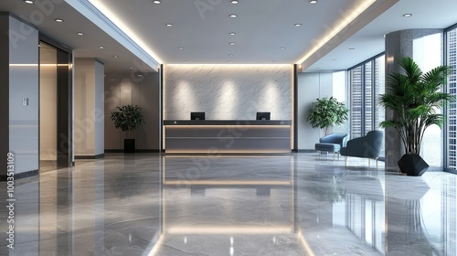 Large office lobby with marble floors, modern dcor, and a reception desk, showcasing a professional environment.