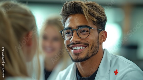 Smiling medical student interacts with peers in a bright classroom setting during a hands-on training session