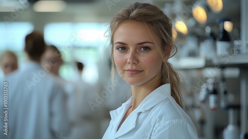 Young woman in a lab coat smiles confidently while working in a modern laboratory filled with equipment and fellow scientists in the background