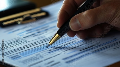 Close-up of a hand holding a pen filling out a form. Perfect for illustrating paperwork, documents, and administrative tasks.