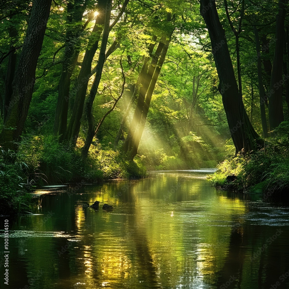 Obraz premium Lush green forest with a river running through it, with sunlight streaming through the trees and illuminating the water.