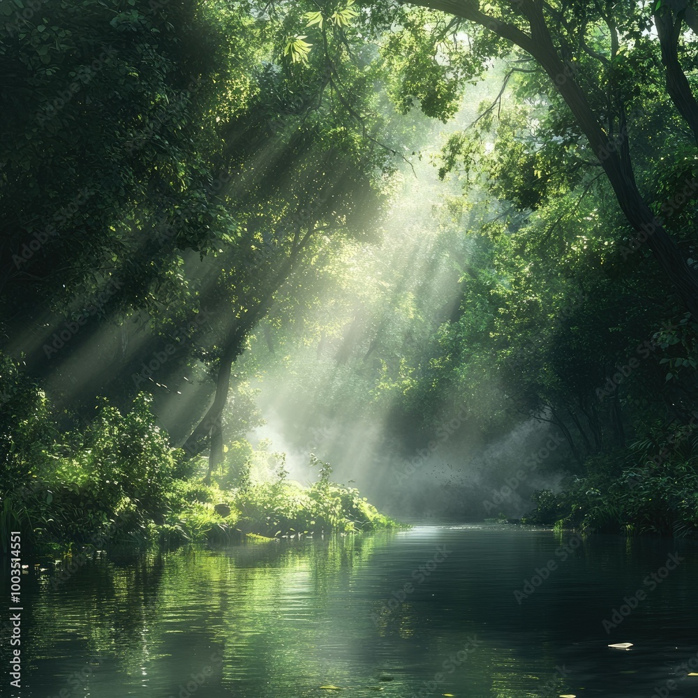 Fototapeta premium Lush green forest with a river running through it, with sunlight streaming through the trees and illuminating the water.