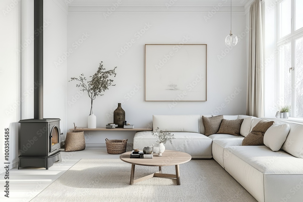 Modern living room with white sectional sofa, wood coffee table, black fireplace, and large window. Modern living room with white sectional sofa, wood coffee table, black fireplace, and large window.