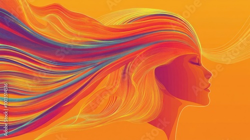 A vibrant illustration of a woman with flowing hair against an orange background.