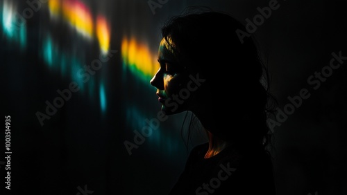 Silhouette of a woman in Total darkness with mysterious colourful light ray, blending beauty and mystery 