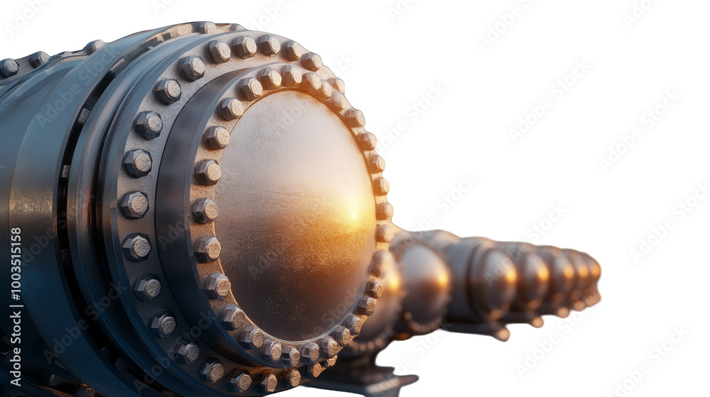 Close-up of a large industrial pipe with multiple bolts and a reflective surface. The pipe is illuminated by a warm, golden light. Close-up of a large industrial pipe with multiple bolts and a reflective surface. The pipe is illuminated by a warm, golden light.