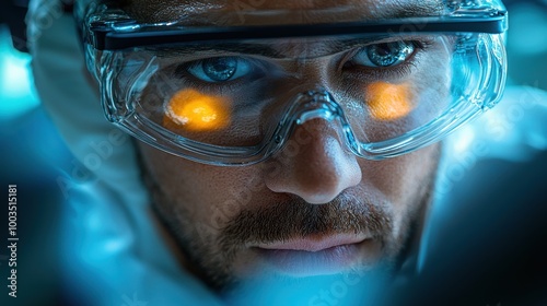 A scientist focuses intently on a complex experiment inside a high-tech laboratory in a modern research facility