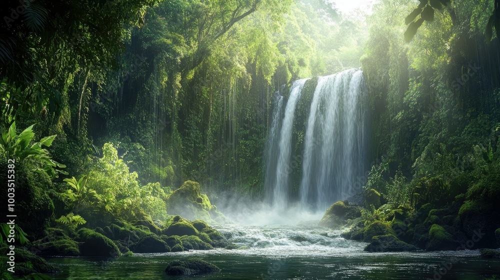 Majestic waterfall cascading down mossy cliffs into a serene river surrounded by dense jungle. Majestic waterfall cascading down mossy cliffs into a serene river surrounded by dense jungle.