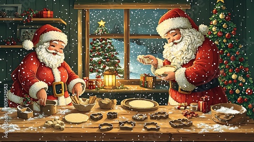 Whimsical paper-cut Santa Claus and Mrs. Claus baking Christmas cookies, detailed cookie cutters and dough on the table, flour scattered in the air, a decorated Christmas tree glowing in the corner, photo