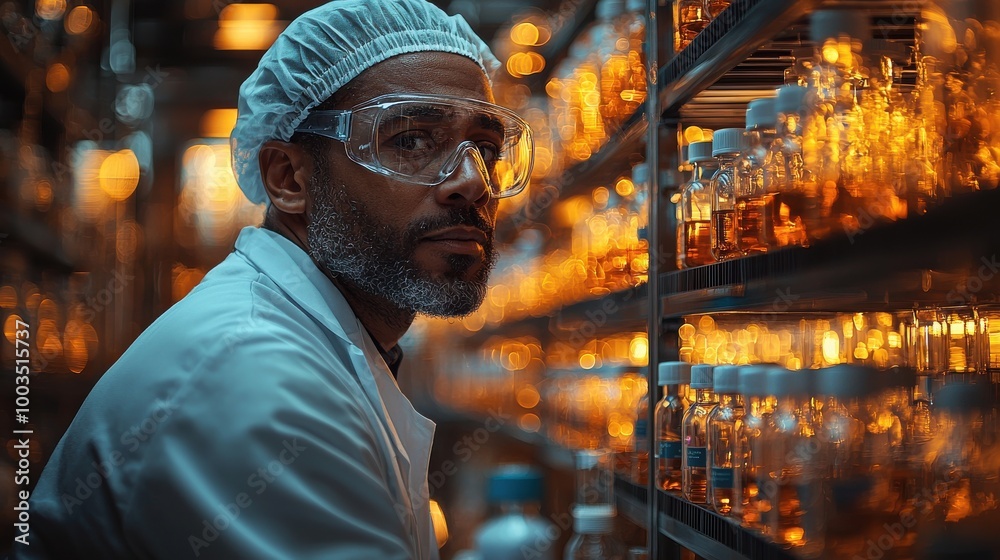 Obraz premium Scientist examining vials in a laboratory filled with illuminated shelves during evening hours