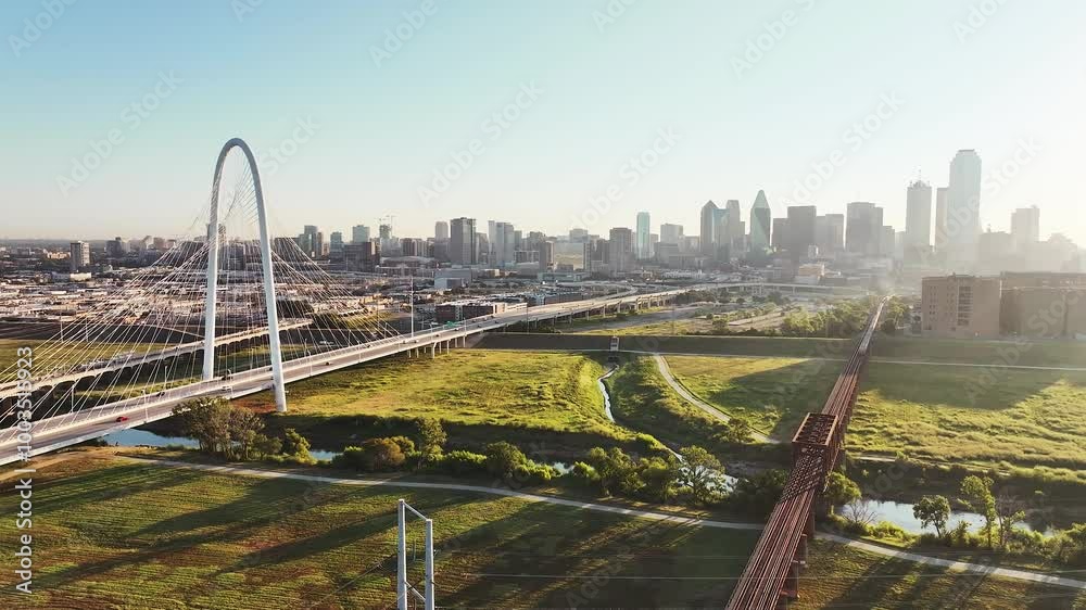 Aerial video of the Margaret Hunt Hill Bridge in downtown Dallas, Texas on a beautiful clear blue sky morning