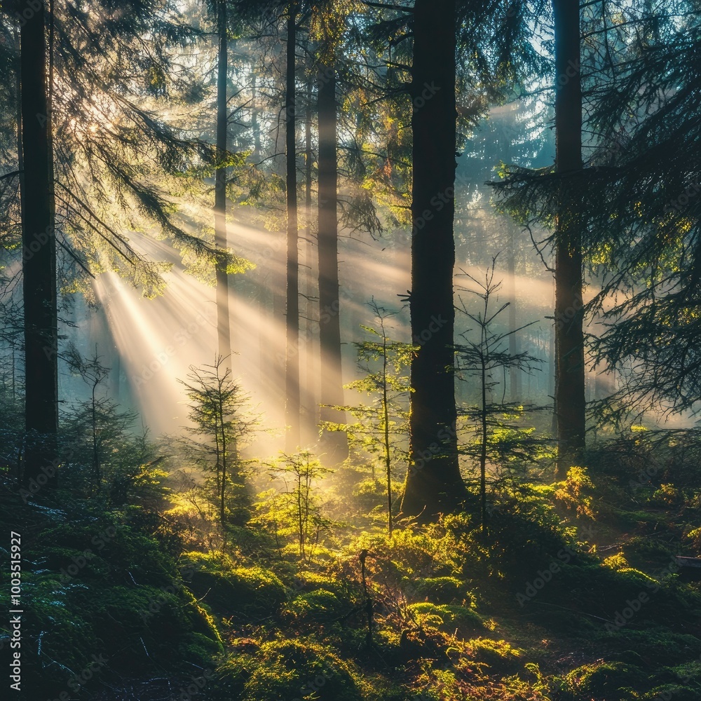 Misty forest in the early morning, with rays of sunlight breaking through the fog and illuminating the dewy ground. Misty forest in the early morning, with rays of sunlight breaking through the fog and illuminating the dewy ground.
