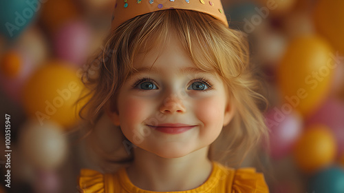 Child Wearing an Adorable Party Hat Smiling While Celebrating a Birthday 