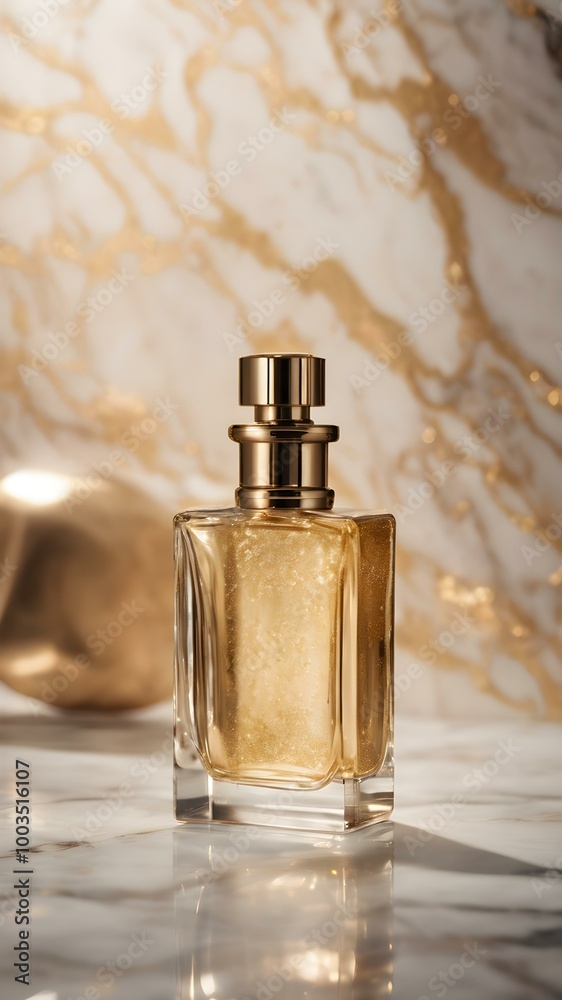 A perfume bottle resting on a white marble background with subtle gold streaks, with soft lighting accentuating the textures