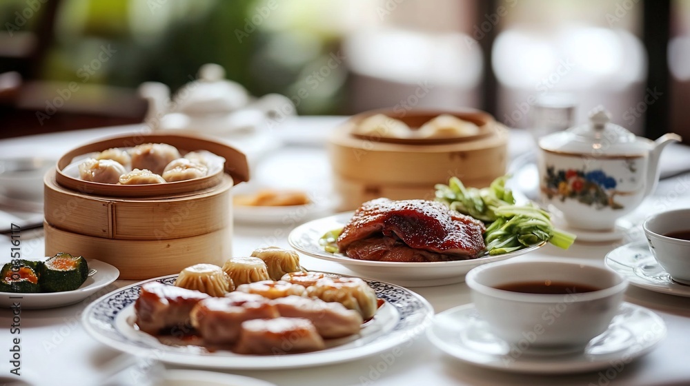 A table setting with Chinese food, including dim sum, roast duck, and tea. A table setting with Chinese food, including dim sum, roast duck, and tea.