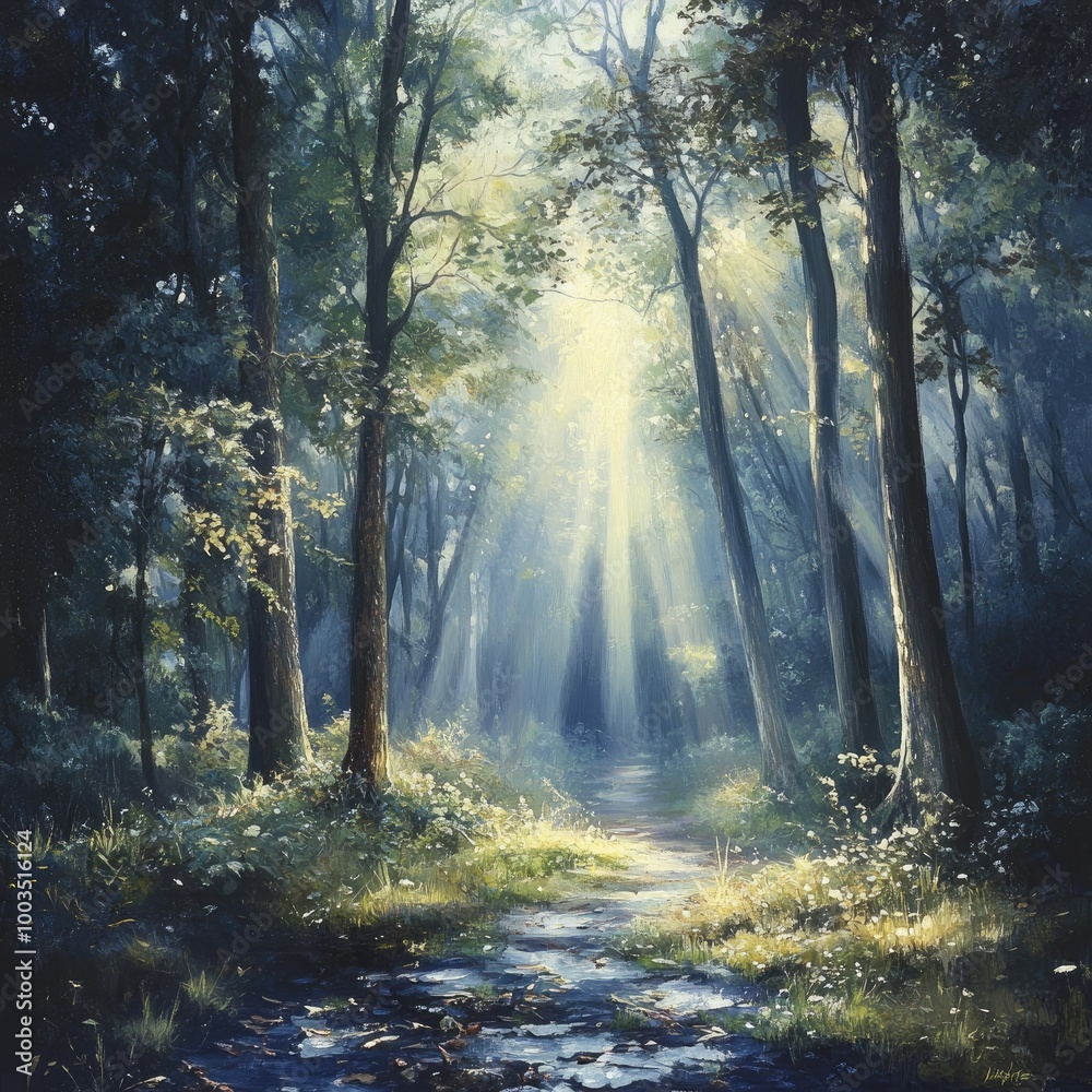 Fototapeta premium Misty forest in the early morning with sunlight streaming through the trees, illuminating the dewy ground.