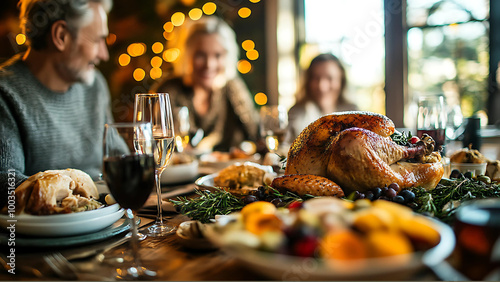 Family gathered around a dinner table, enjoying a turkey feast.
