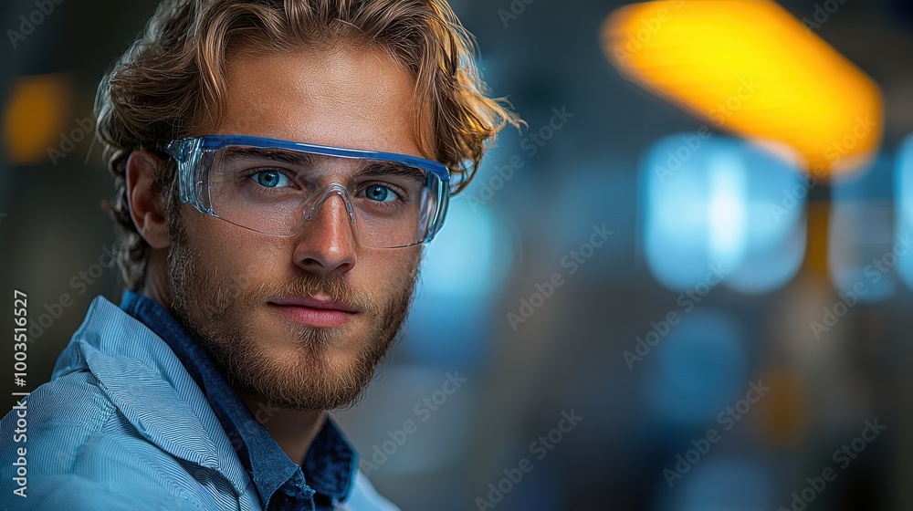 Fototapeta premium Young man wearing safety glasses poses confidently in a modern workspace, showcasing dedication to his profession
