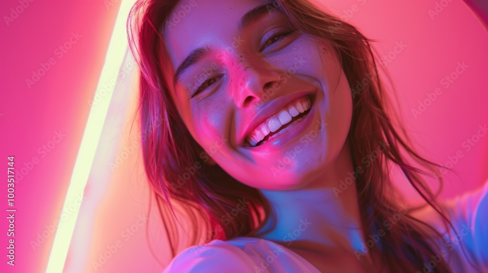 Portrait of young beautiful woman taking selfie while smiling in neon light on studio background. Portrait of young beautiful woman taking selfie while smiling in neon light on studio background.