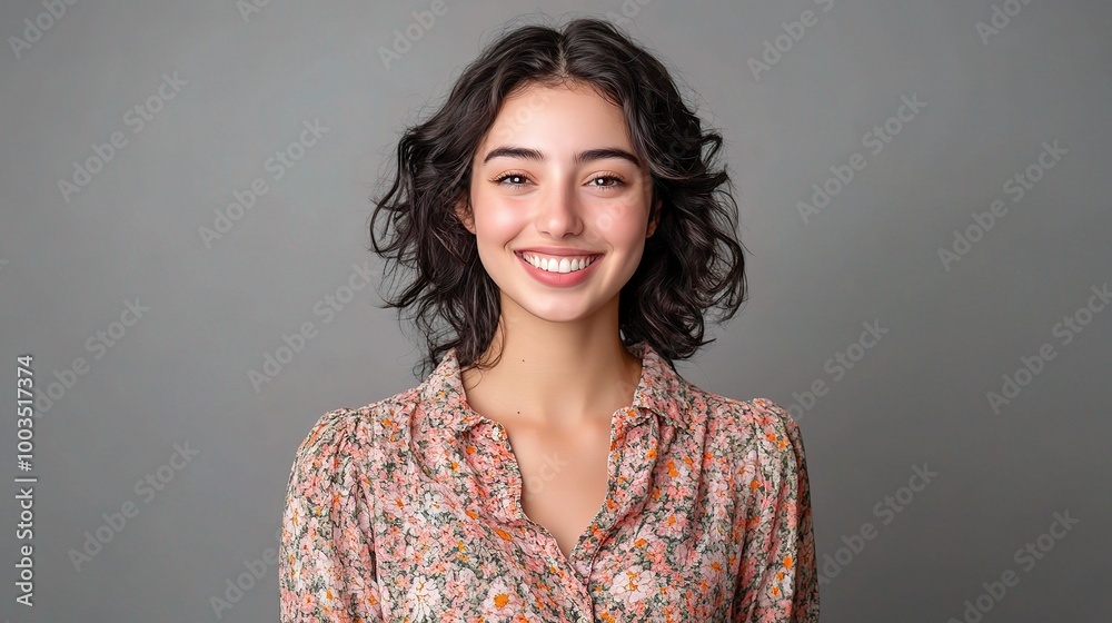 Smiling Woman in Floral Shirt Against Gray Background Smiling Woman in Floral Shirt Against Gray Background