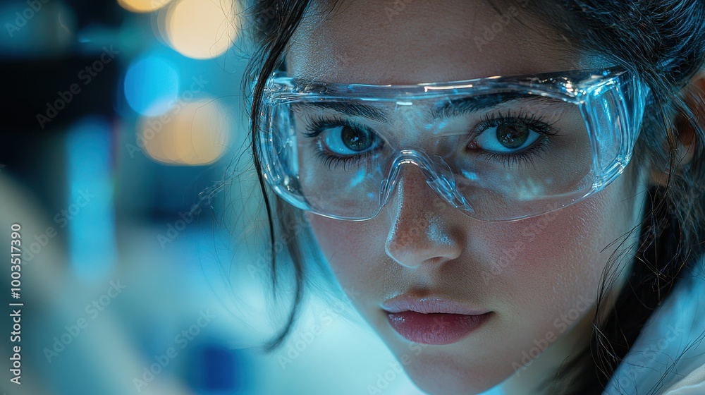 A focused young scientist in a laboratory wearing protective goggles while engaged in research at a high-tech facility during the evening A focused young scientist in a laboratory wearing protective goggles while engaged in research at a high-tech facility during the evening
