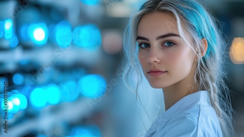 Young woman with light blue hair in a lab coat stands confidently beside illuminated storage units in a modern laboratory